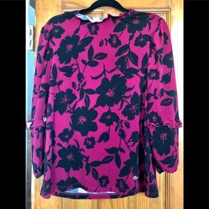 🌈3/$20 Adrienne Vittadini Floral Dark Pink Ruffle Blouse